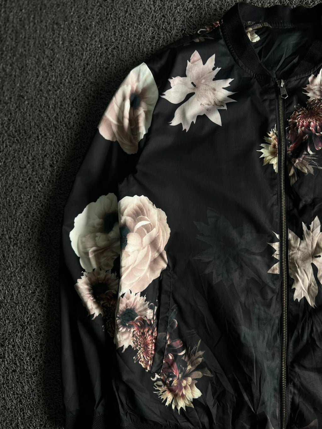 Black Floral Print Bomber Jacket