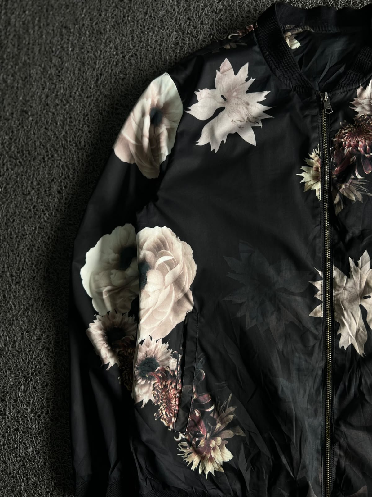 Black Floral Print Bomber Jacket