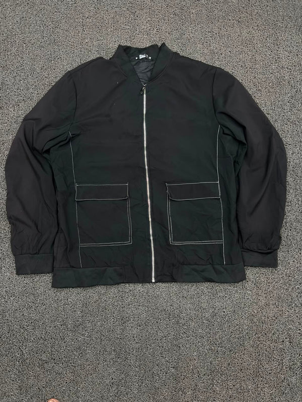 Minimalist Black Utility Zip Jacket with Contrast Stitching