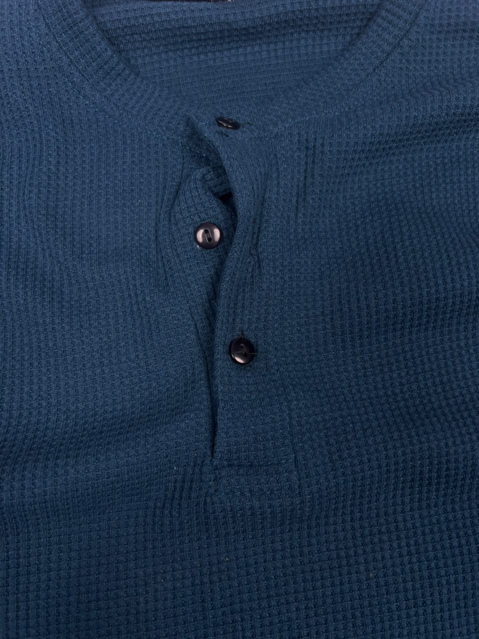 Teal Blue Waffle-Knit Long-Sleeve Henley T-Shirt with Three-Button Placket