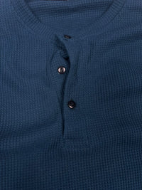 Teal Blue Waffle-Knit Long-Sleeve Henley T-Shirt with Three-Button Placket