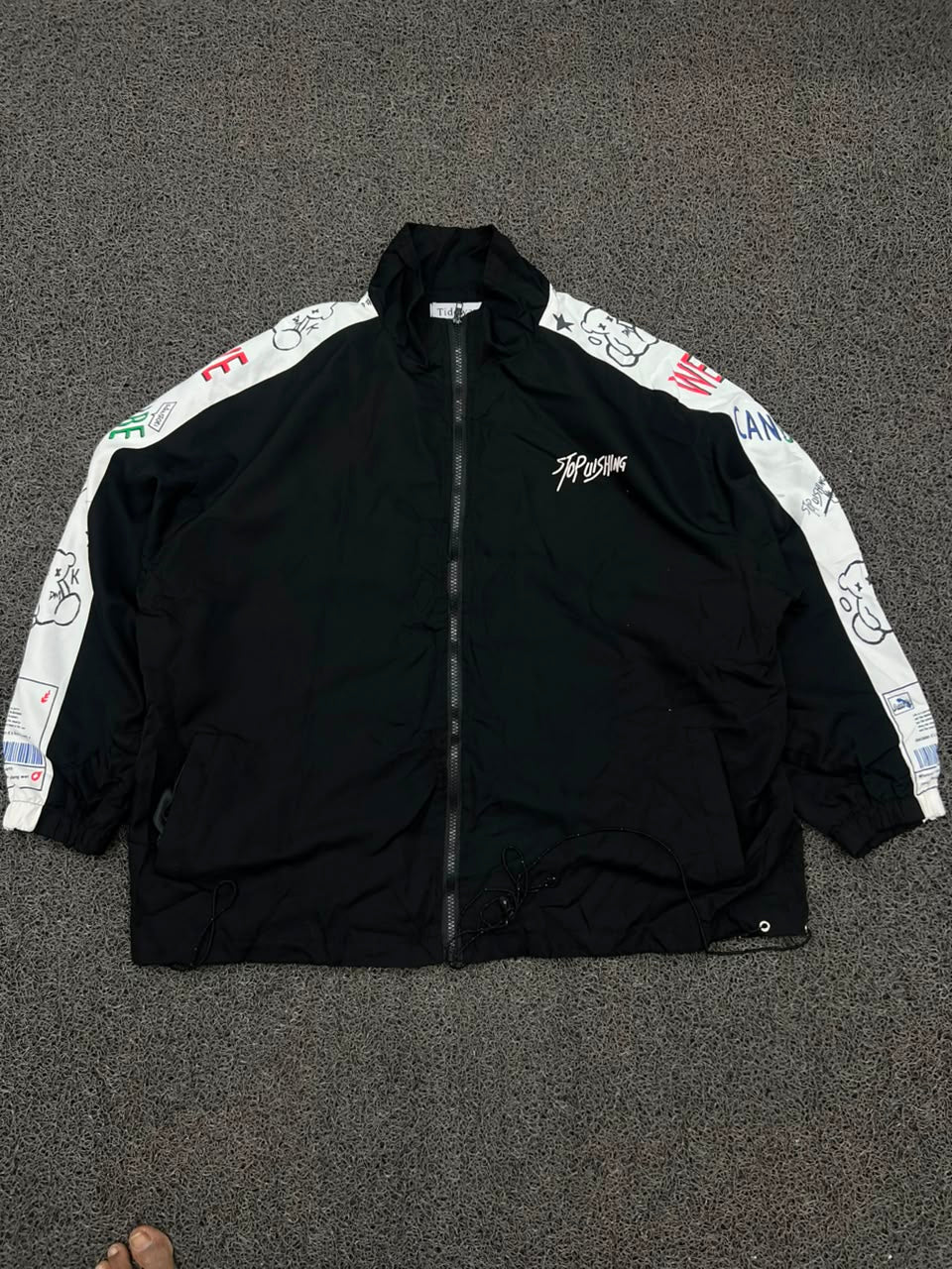 Stop Pushing Graphic Sleeve Black & White Zip-Up Windbreaker Jacket