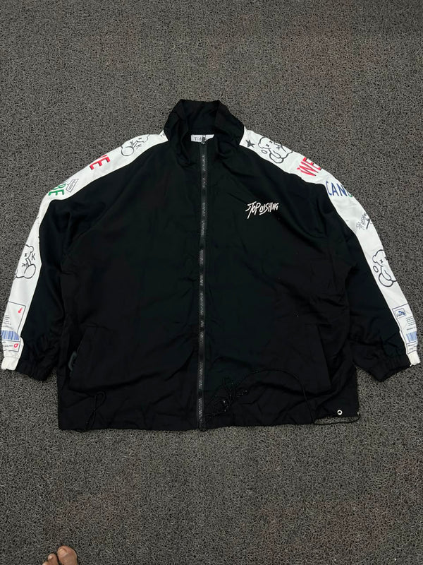 Stop Pushing Graphic Sleeve Black & White Zip-Up Windbreaker Jacket