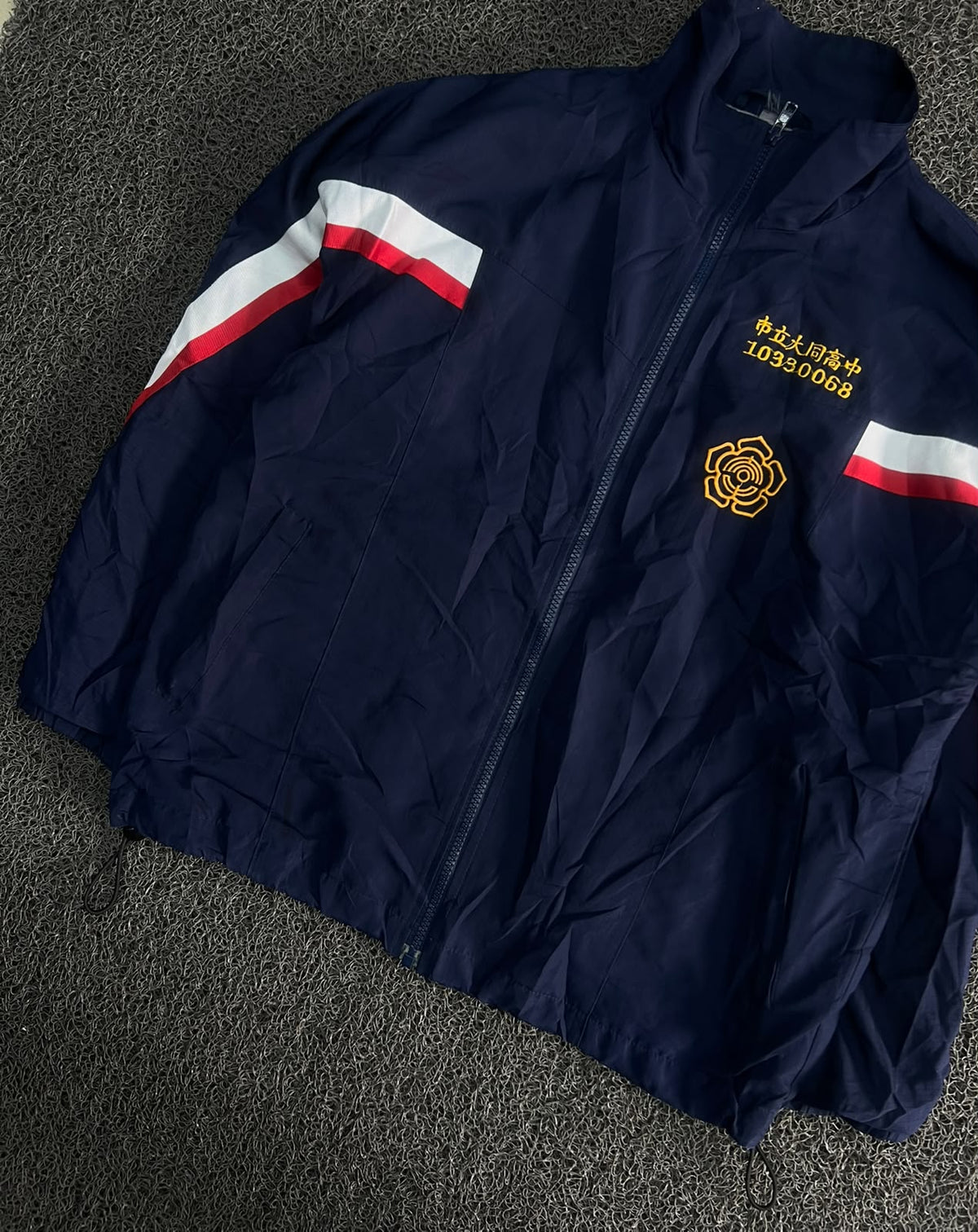 Navy Blue Vintage Racing Track Jacket with Red & White Stripe Detail