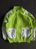 Men's Neon Green Color Block Utility Windbreaker Jacket – Lightweight Zip-Up Casual Outerwear with Flap Pockets