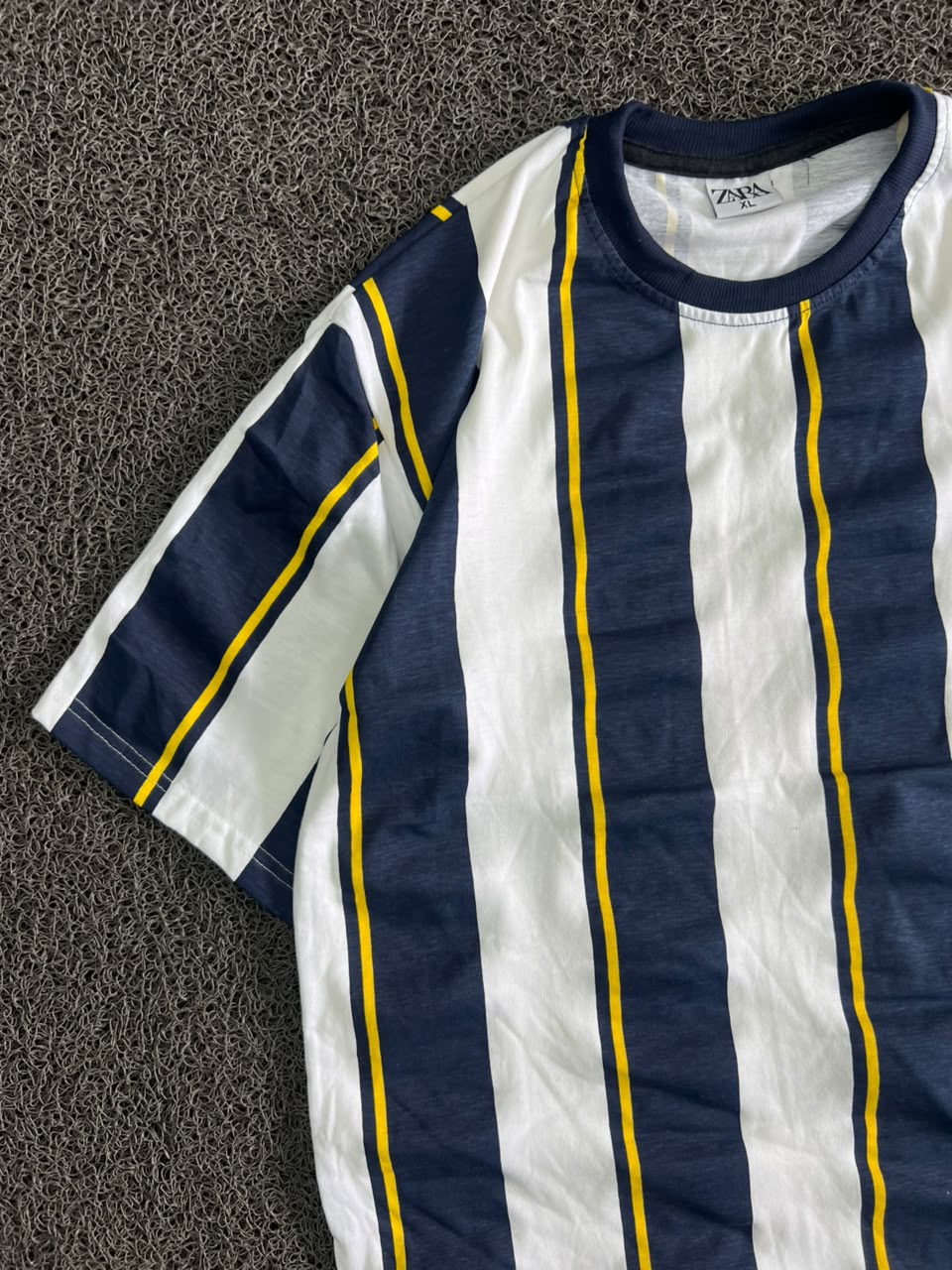 Navy Blue & White Striped T-Shirt with Yellow Accent Details