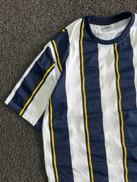 Navy Blue & White Striped T-Shirt with Yellow Accent Details