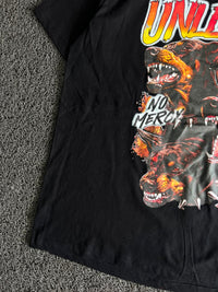 Unleashed No Mercy Graphic Print Black T-Shirt | Vintage-Inspired Dog Rage Design