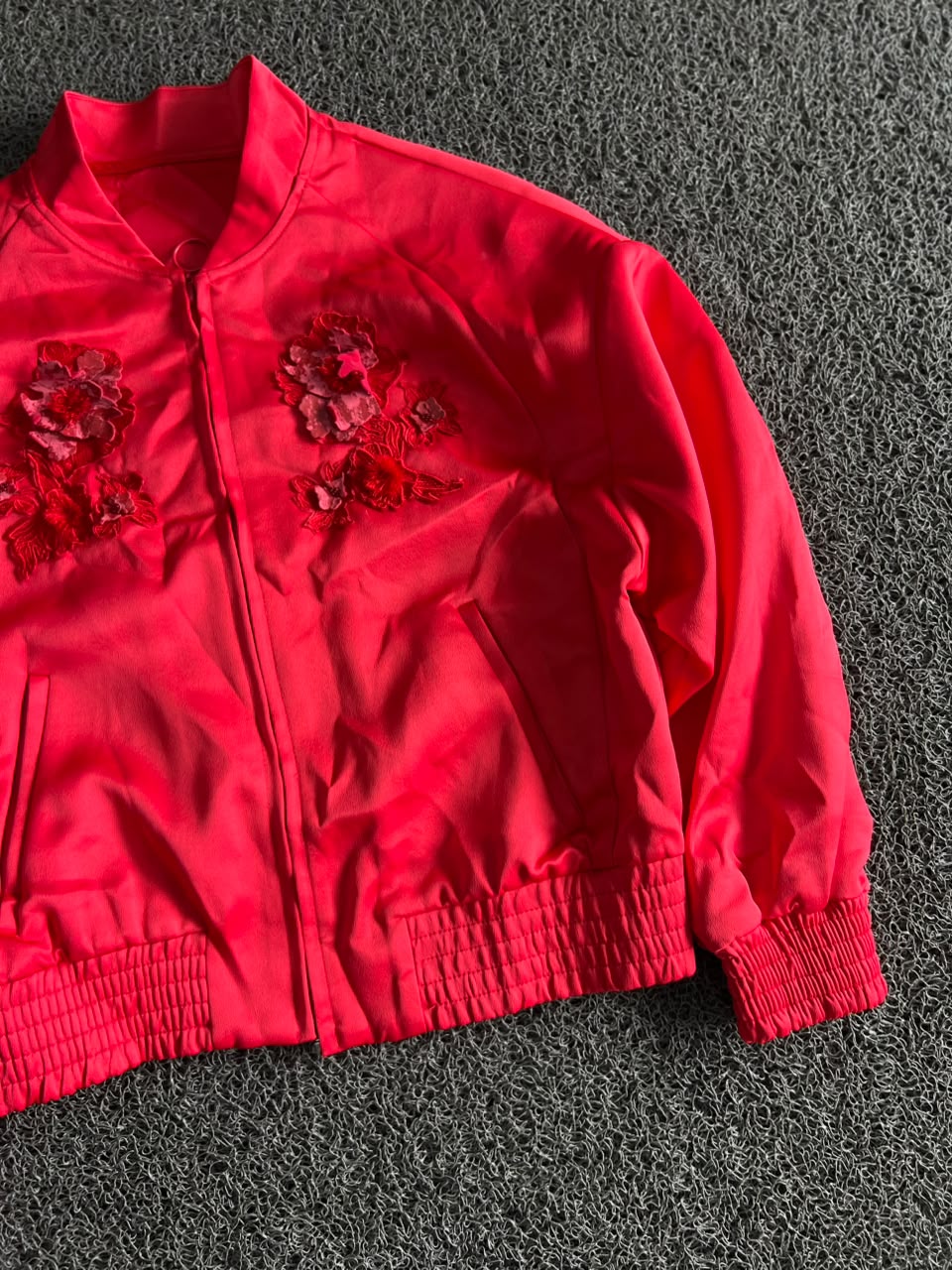 Women's Red Floral Embroidered Bomber Jacket