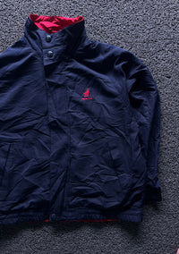 Navy Blue High-Neck Button-Up Jacket with Red Inner Lining and Embroidered Logo