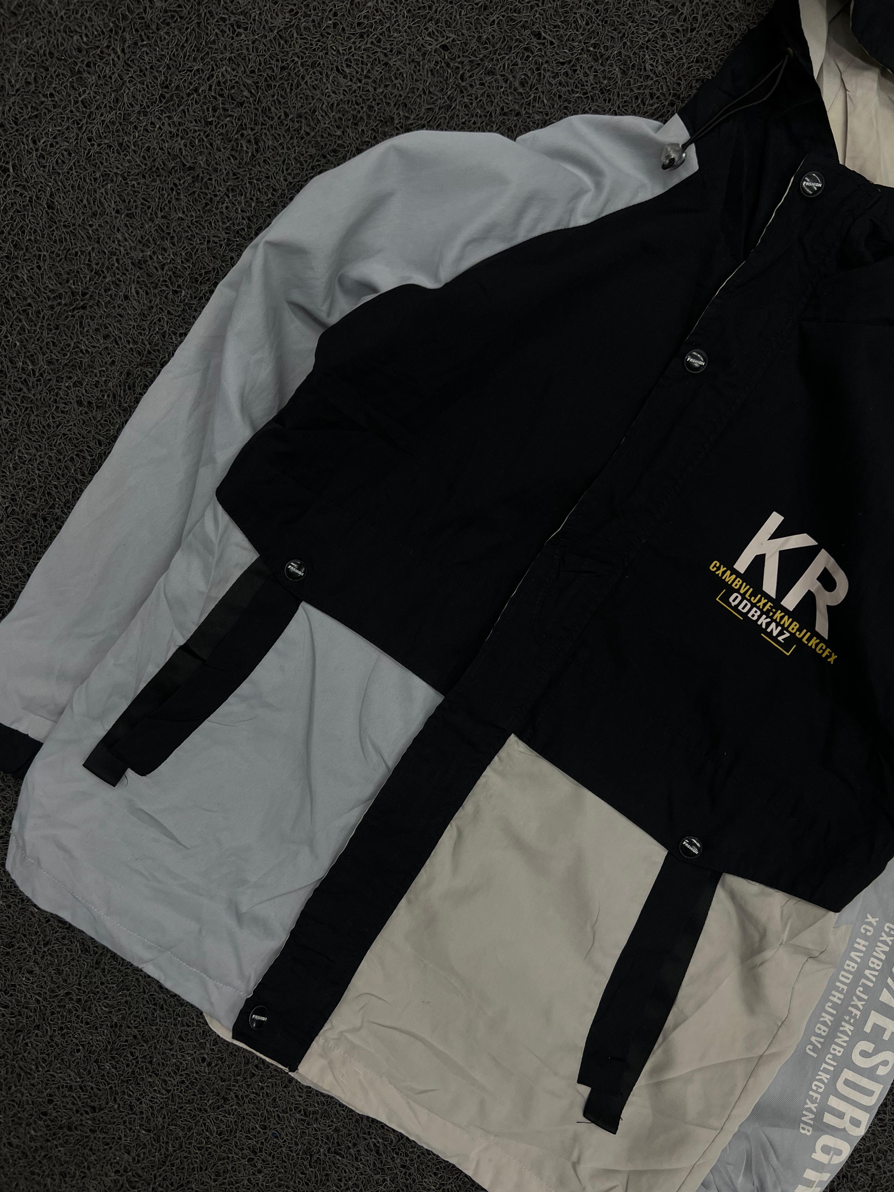 KR Color Block Hooded Windbreaker Jacket – Black & White Streetwear Lightweight Jacket