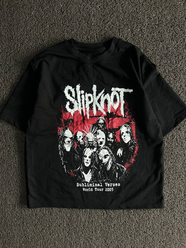 Black Slipknot Graphic Print T-Shirt – Subliminal Verses World Tour 2005 Design