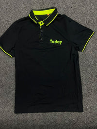 Black & Neon Green Contrast Trim Polo T-Shirt with “Today” Print