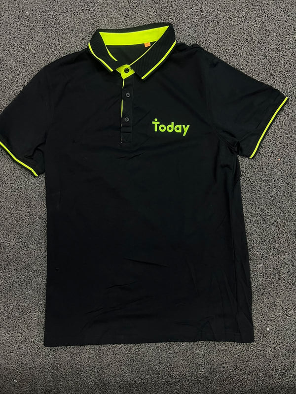 Black & Neon Green Contrast Trim Polo T-Shirt with “Today” Print