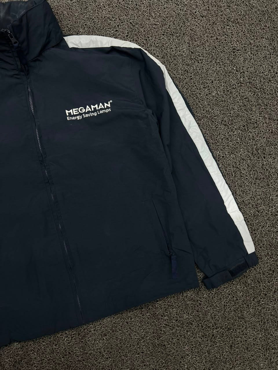 MEGAMAN Black Full Zip Windbreaker Jacket with White Sleeve Stripes