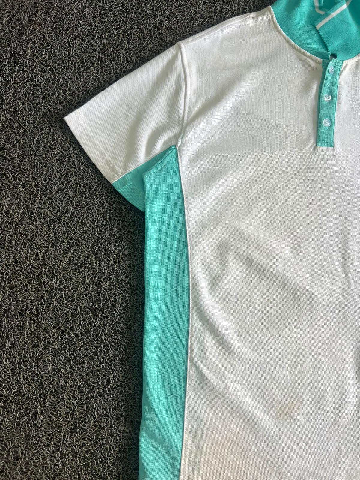 Vintage White & Mint Green Contrast Polo T-Shirt | Half Sleeve Button Neck Casual Tee