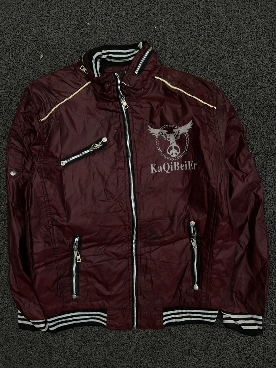 KaQiBeiEr Burgundy Zip-Up Jacket – Small Stains – Multiple Zip Pockets – Ribbed Collar & Cuffs