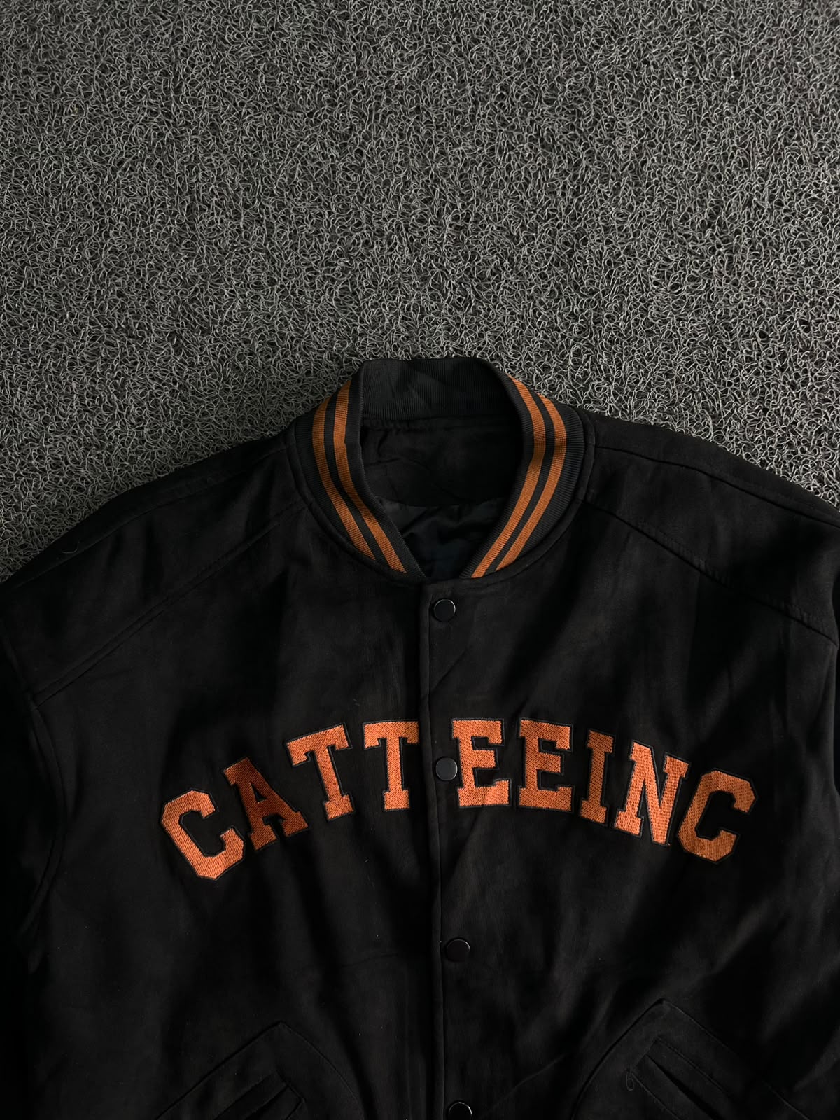 CATT EEINC Black Varsity Snap Jacket – Orange Lettering & Patch Detail