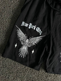 Riot Empire New York City Graphic Shorts –Eagle Print Drawstring Streetwear Shorts