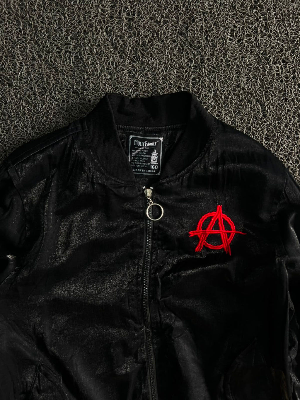 Vintage Black Bomber Jacket with Red Anarchy Embroidery | Streetwear Zip-Up Jacket