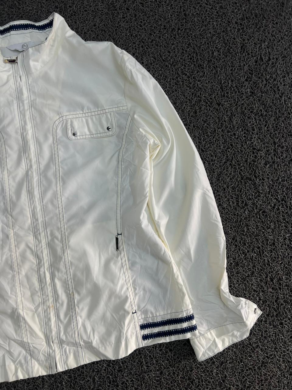 White Lightweight Zip-Up Jacket with Navy Stripe Hem Detail
