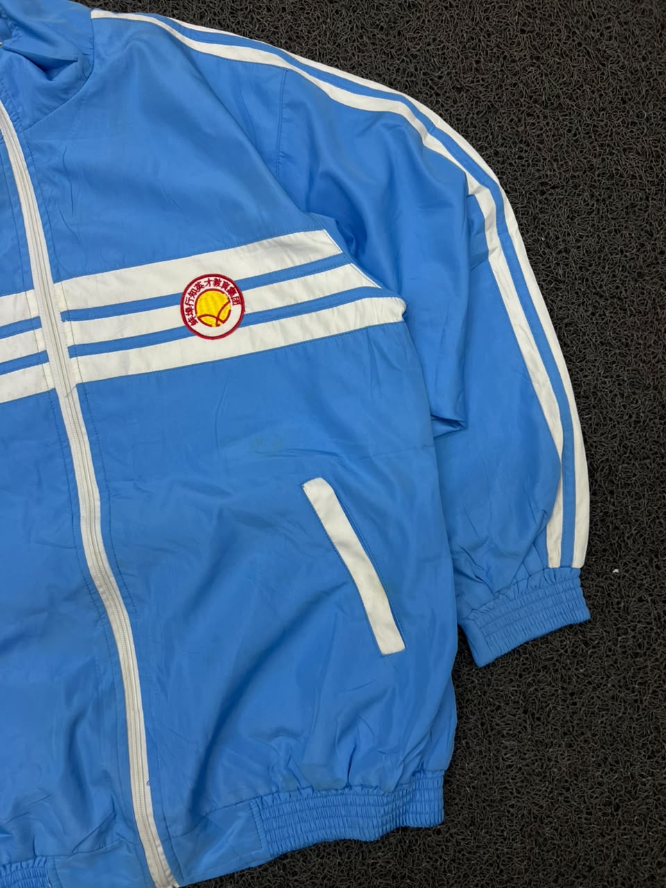 Vintage Blue Shell Track Jacket with White Stripes – Full Zip Sports Windbreaker