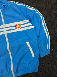 Vintage Blue Shell Track Jacket with White Stripes – Full Zip Sports Windbreaker
