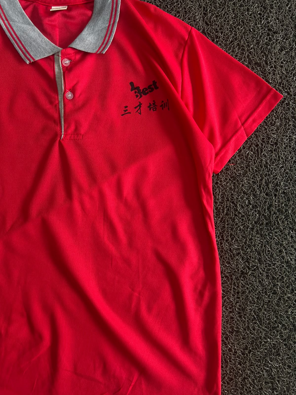 Vintage Red Graphic Polo T-Shirt – Grey Collar & Back Print