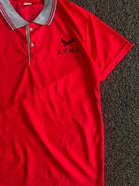 Vintage Red Graphic Polo T-Shirt – Grey Collar & Back Print