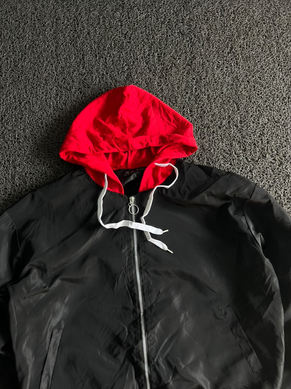 Black Hooded Bomber Jacket – Red Contrast Hood | Lightweight Zip-Up Windbreaker