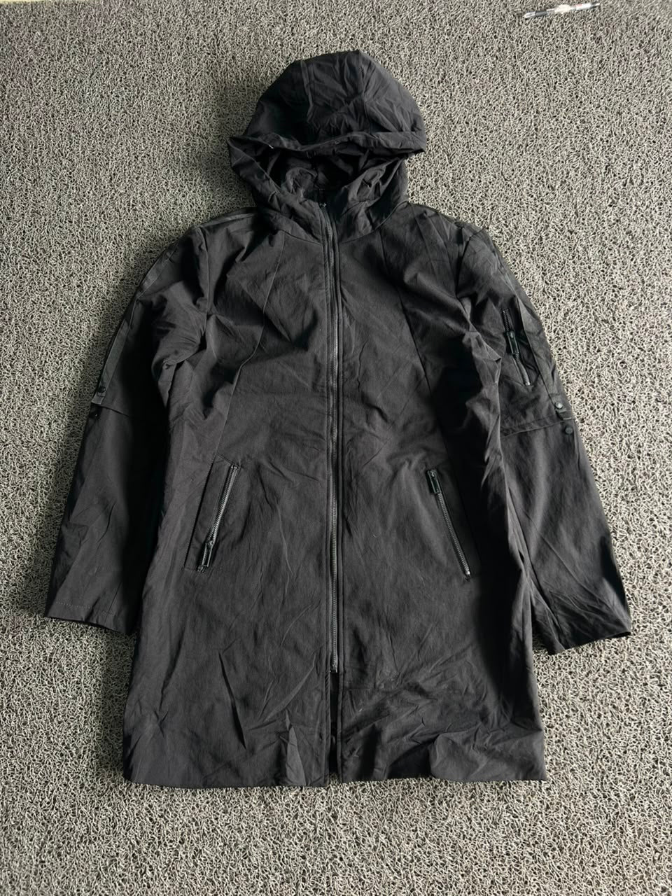 Black Hooded Technical Longline Windbreaker Jacket