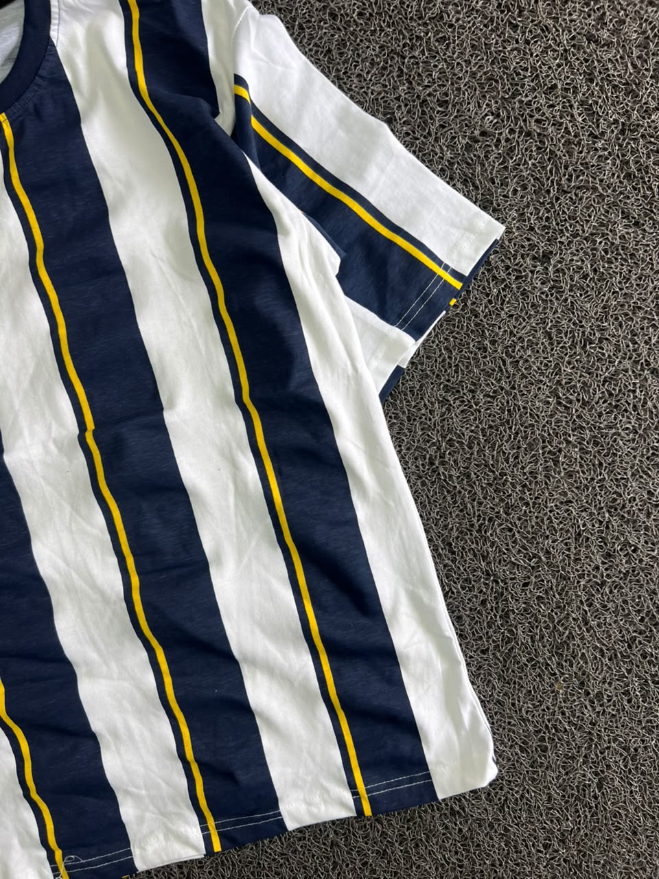 Navy Blue & White Striped T-Shirt with Yellow Accent Details