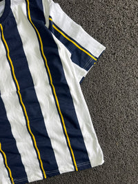 Navy Blue & White Striped T-Shirt with Yellow Accent Details