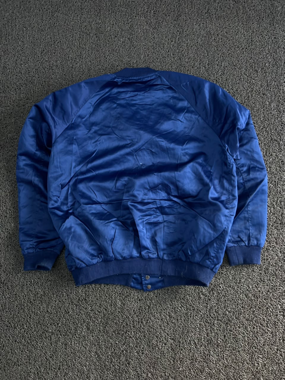 Men’s Royal Blue Satin Varsity Bomber Jacket with White Striped Sleeves