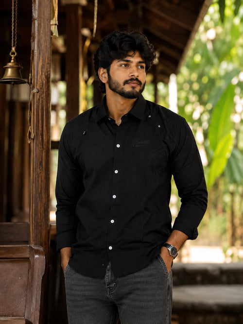 Essentials Embroidery Black Utility Shirt – Button-Up Lightweight Casual Outerwear