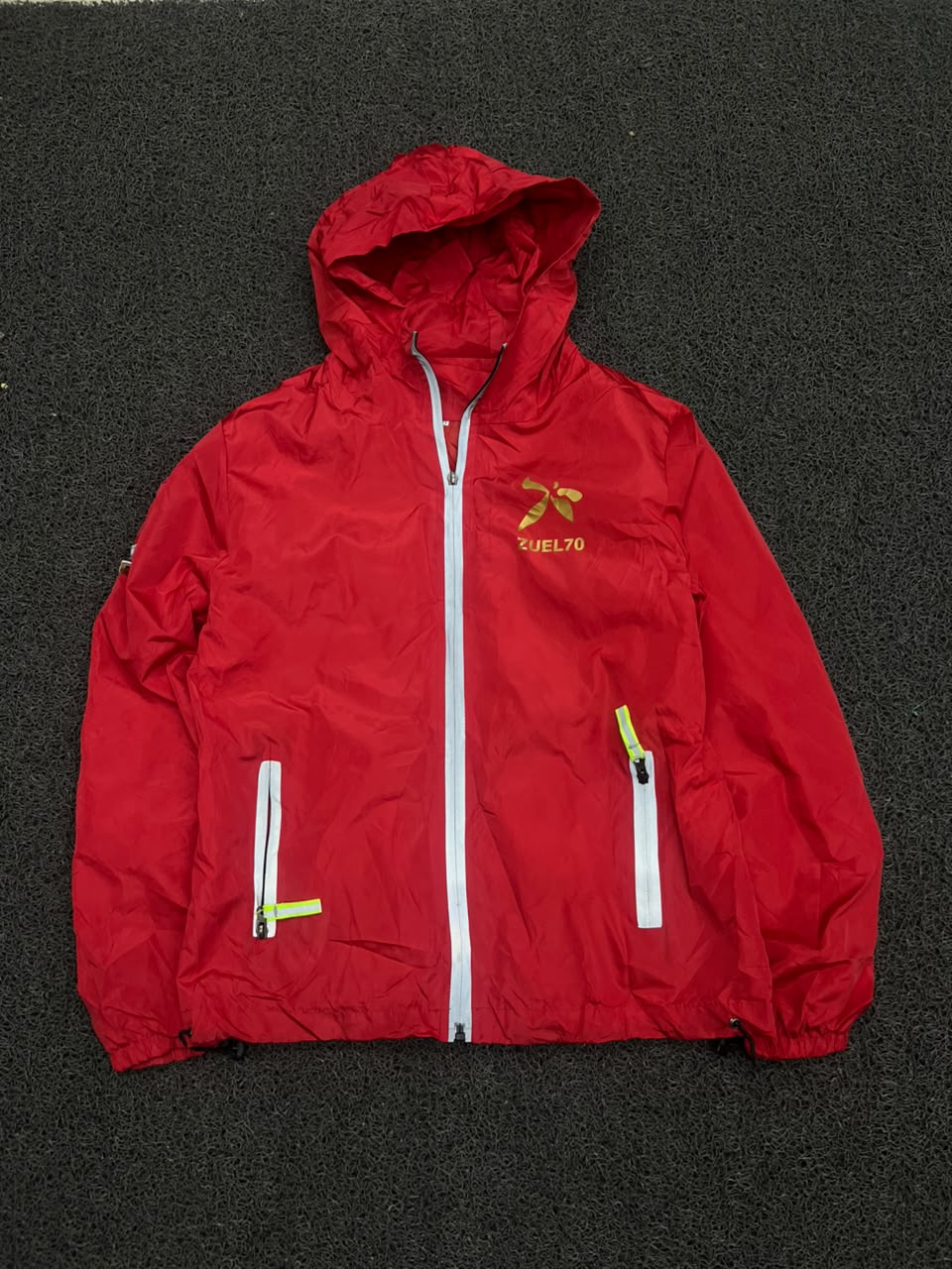 Red Hooded Windbreaker Jacket with Reflective Zip Details