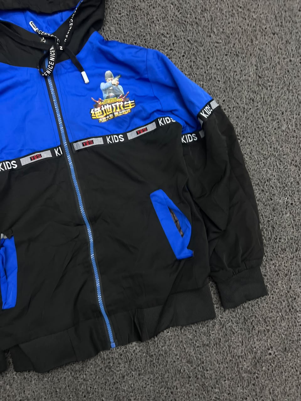 Kids Blue & Black Hooded Zip-Up Jacket – Graphic Print Casual Windbreaker