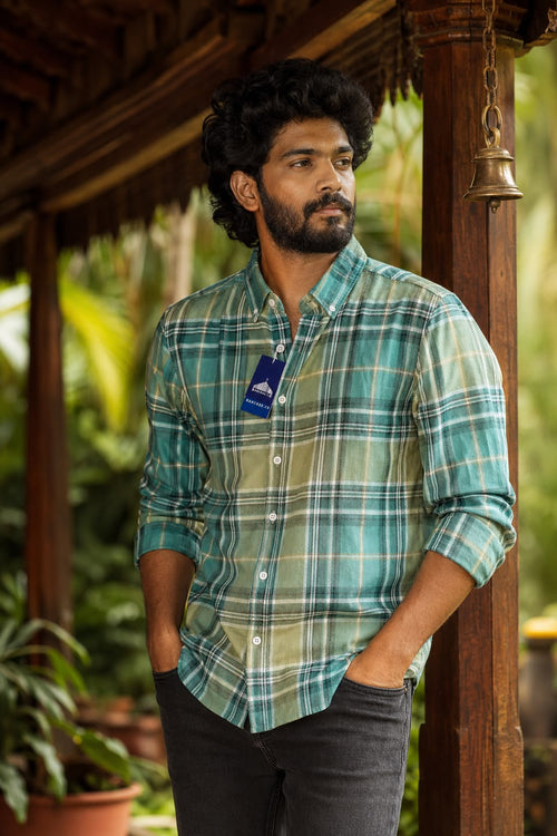 Barcode Green Plaid Button-Down Flannel Shirt