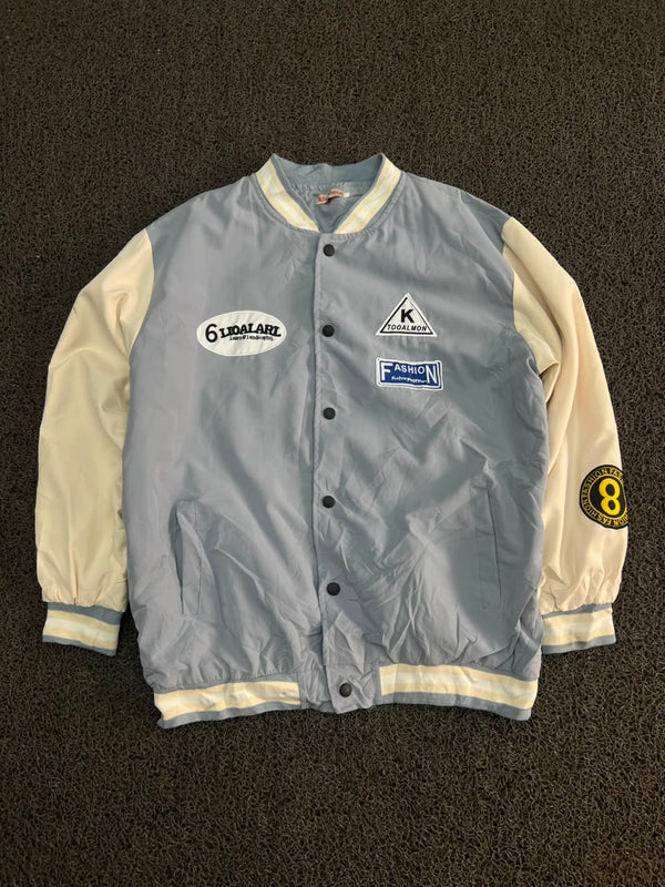 Varsity Bomber Jacket with Embroidered Patches – Snap Button Casual Jacket
