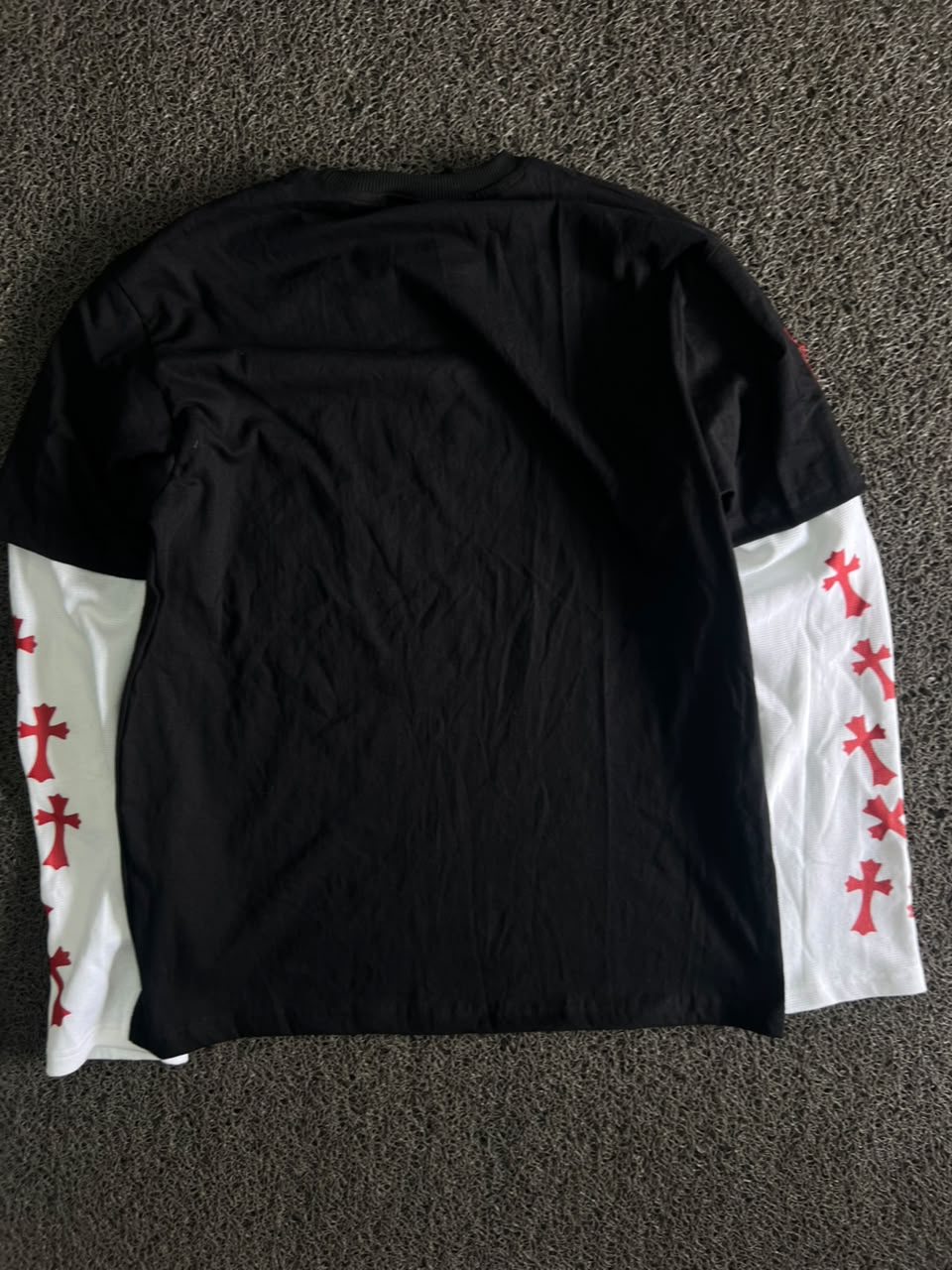 Black Graphic T-Shirt with White Long Sleeves & Red Print