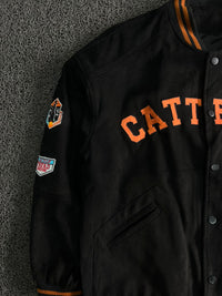 CATT EEINC Black Varsity Snap Jacket – Orange Lettering & Patch Detail