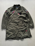 Longline Utility Jacket with Embroidered Patches – Full Sleeve, Stand Collar, Zip Front