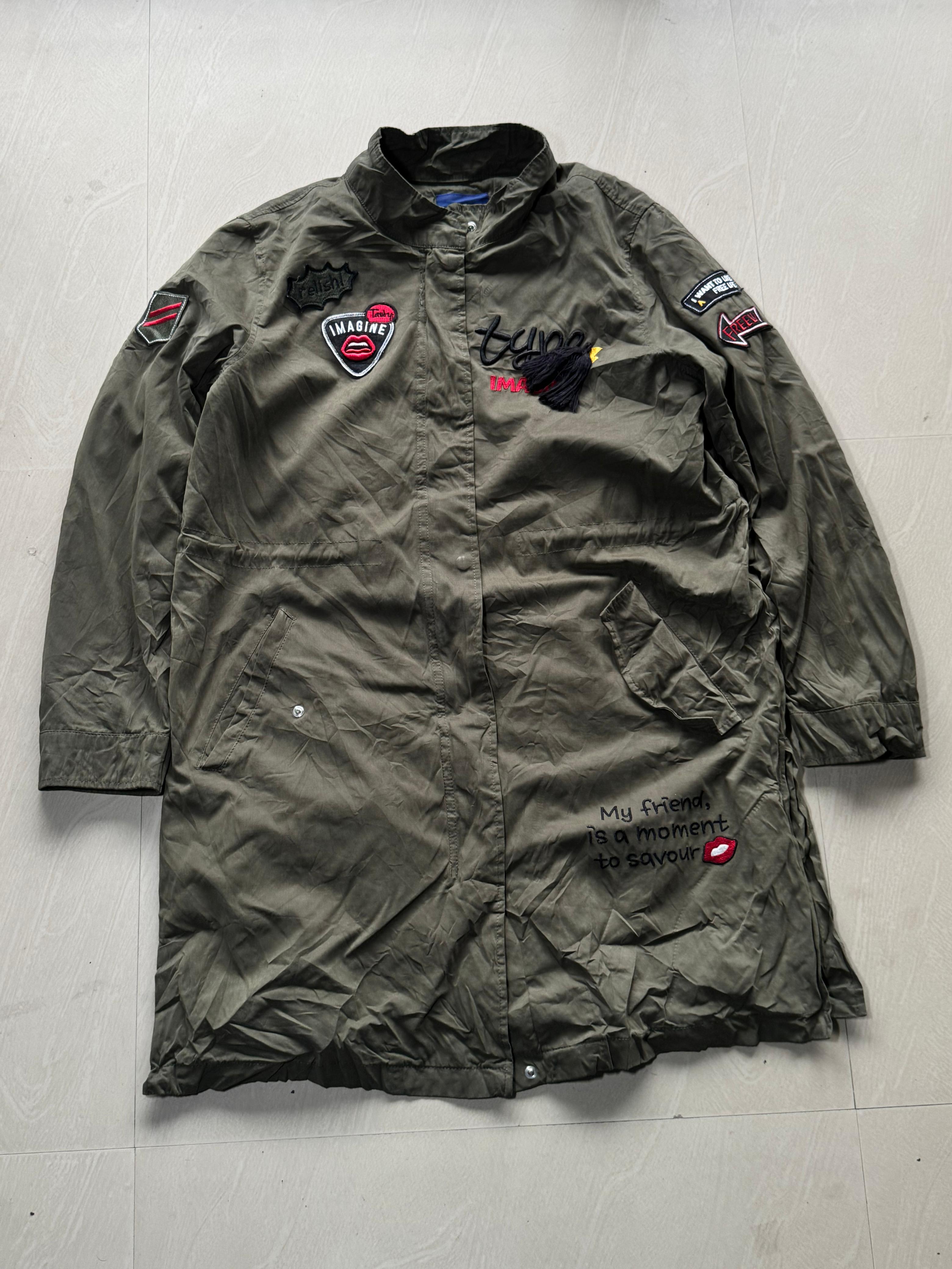 Longline Utility Jacket with Embroidered Patches – Full Sleeve, Stand Collar, Zip Front