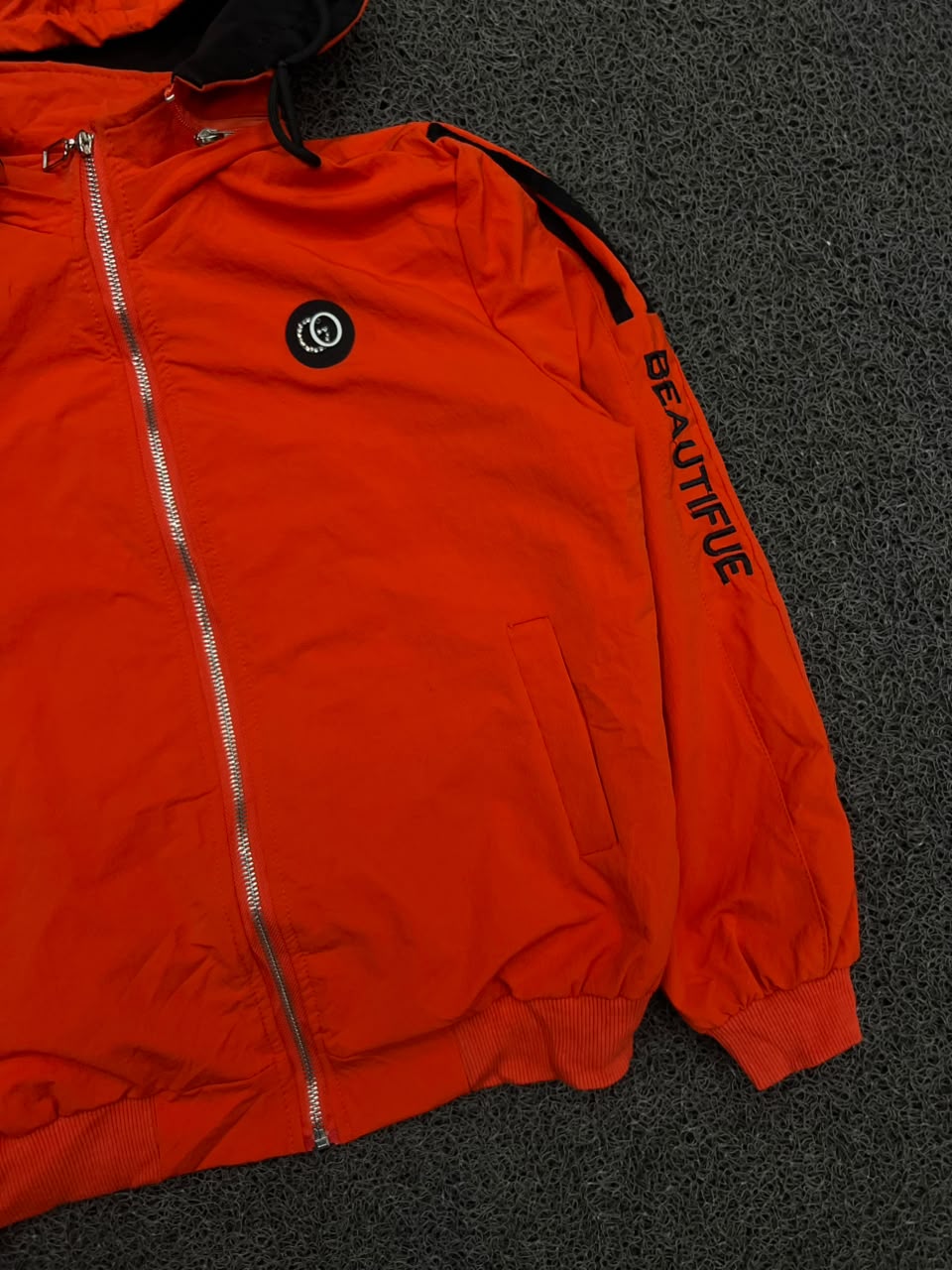 Red Hooded Zip-Up Track Jacket with Sleeve Print