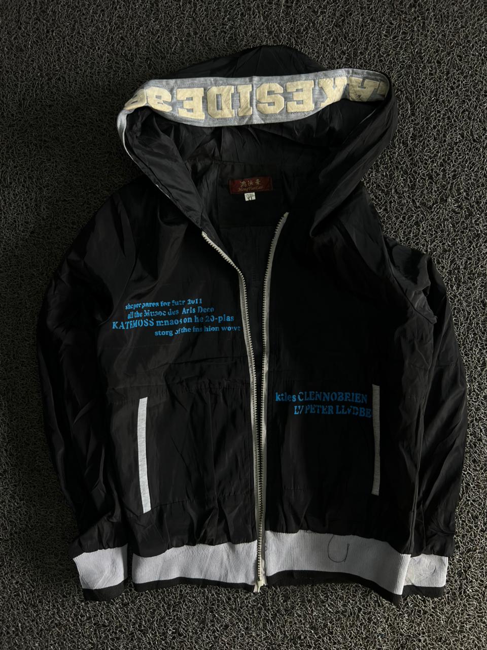 Hooded Windbreaker Jacket with White Contrast Trim & Blue Graphic Print