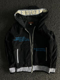 Hooded Windbreaker Jacket with White Contrast Trim & Blue Graphic Print