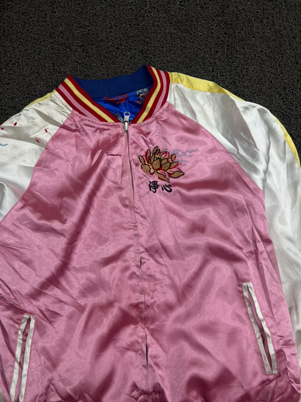 Reversible Pink & Blue Embroidered Bomber Jacket – Floral & Dragon Print | Unisex Streetwear