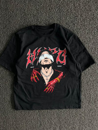 Black Gothic Graphic Print T-Shirt – Red & White Blindfolded Figure Design