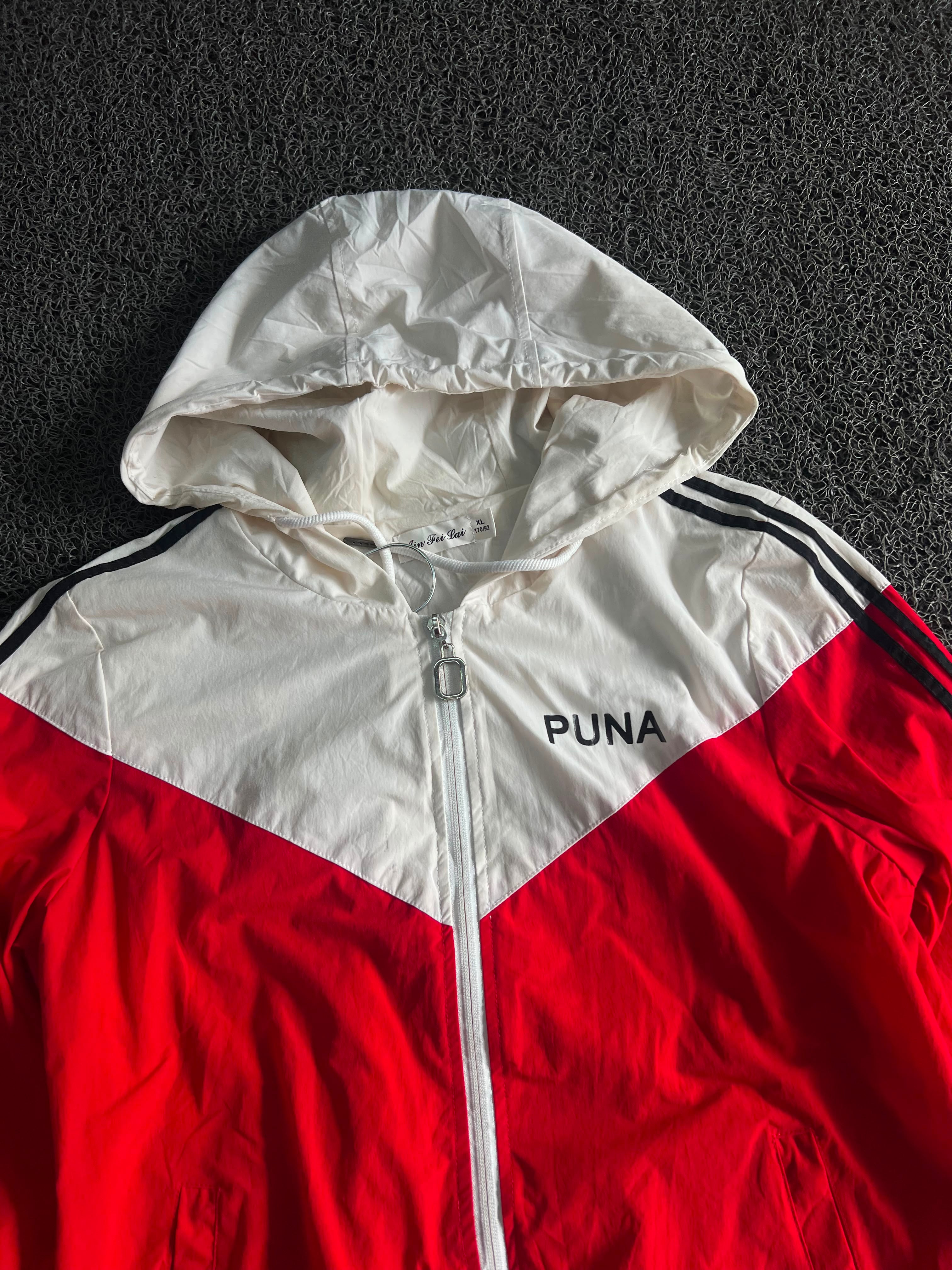 PUNA Red White Hooded Windbreaker Jacket with Contrast Stripes