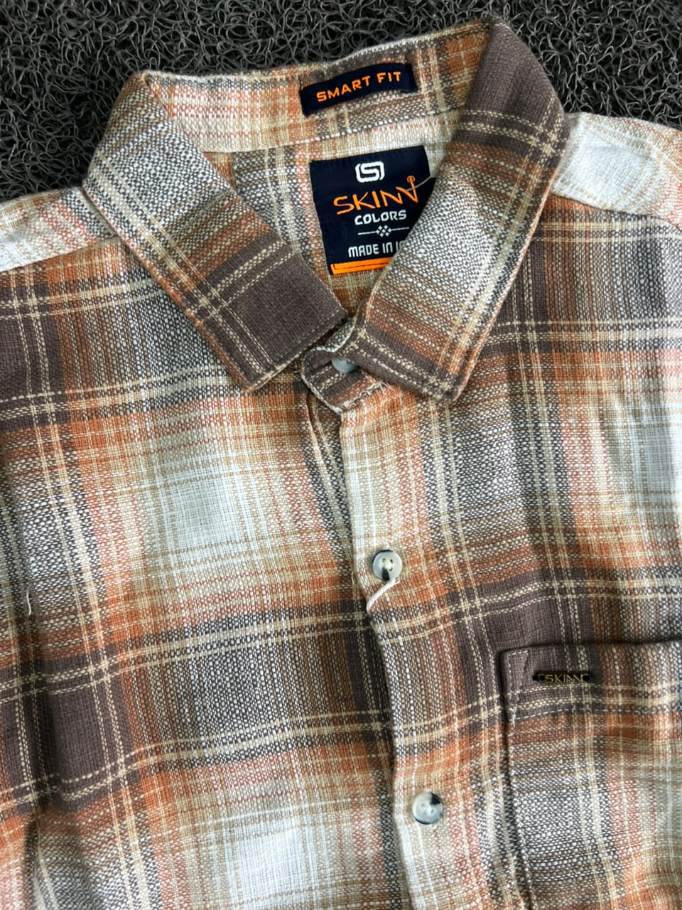SKINN Colors Smart Fit Brown & Orange Plaid Flannel Shirt